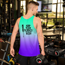 Load image into Gallery viewer, KEEP YOUR $CIENCE OUT OF MY BODY // All Over Print // Unisex Tank Top
