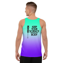 Load image into Gallery viewer, KEEP YOUR $CIENCE OUT OF MY BODY // All Over Print // Unisex Tank Top
