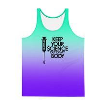 Load image into Gallery viewer, KEEP YOUR $CIENCE OUT OF MY BODY // All Over Print // Unisex Tank Top
