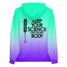 Load image into Gallery viewer, KEEP YOUR $CIENCE OUT OF MY BODY // All Over Print // Unisex Hoodie
