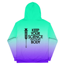 Load image into Gallery viewer, KEEP YOUR $CIENCE OUT OF MY BODY // All Over Print // Unisex Hoodie
