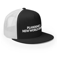 Load image into Gallery viewer, PLANDEMIC = NEW WORLD ORDER // Trucker Hat // on dark
