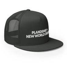 Load image into Gallery viewer, PLANDEMIC = NEW WORLD ORDER // Trucker Hat // on dark
