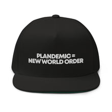 Load image into Gallery viewer, PLANDEMIC = NEW WORLD ORDER // Flat Bill Hat // Black, Blue, Red
