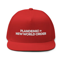 Load image into Gallery viewer, PLANDEMIC = NEW WORLD ORDER // Flat Bill Hat // Black, Blue, Red
