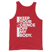 Load image into Gallery viewer, KEEP YOUR $CIENCE OFF MY BODY // Unisex Tank Top // All dark colors
