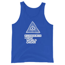 Load image into Gallery viewer, PLANDEMIC = NEW WORLD ORDER // Unisex Tank Top // All dark colors
