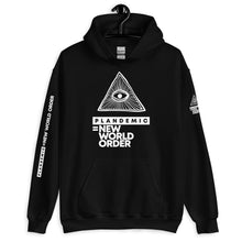 Load image into Gallery viewer, PLANDEMIC = NEW WORLD ORDER // Unisex Hoodie // All dark colors
