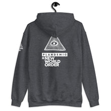 Load image into Gallery viewer, PLANDEMIC = NEW WORLD ORDER // Unisex Hoodie // All dark colors
