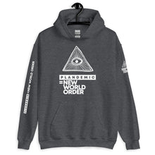 Load image into Gallery viewer, PLANDEMIC = NEW WORLD ORDER // Unisex Hoodie // All dark colors
