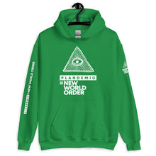 Load image into Gallery viewer, PLANDEMIC = NEW WORLD ORDER // Unisex Hoodie // All dark colors
