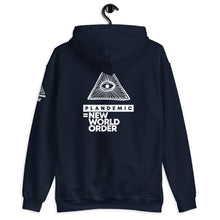 Load image into Gallery viewer, PLANDEMIC = NEW WORLD ORDER // Unisex Hoodie // All dark colors
