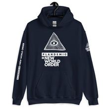 Load image into Gallery viewer, PLANDEMIC = NEW WORLD ORDER // Unisex Hoodie // All dark colors
