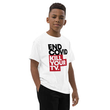 Load image into Gallery viewer, END COVID. KILL YOUR TV. -- Youth Short Sleeve T-Shirt, white
